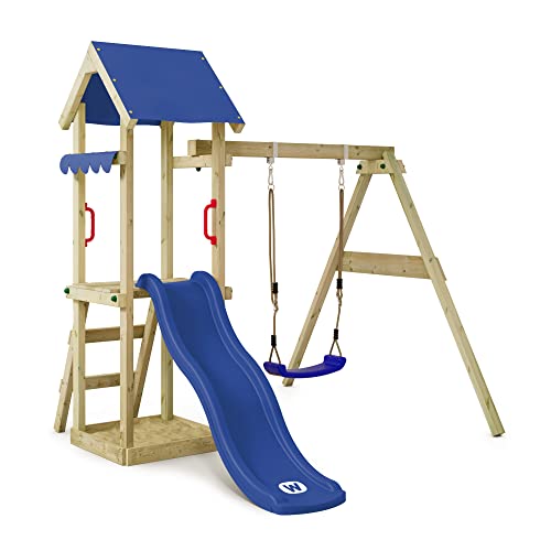 WICKEY Spielturm Klettergerüst TinyWave mit Schaukel & Blauer Rutsche, Outdoor Kinder Kletterturm mit Sandkasten, Leiter & Spiel-Zubehör für den Garten