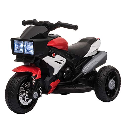 HOMCOM Elektrofahrzeug Kindermotorrad Kinderfahrzeug mit Musik und Beleuchtung Elektro-Dreirad mit Akku 3-6 Jahre Stahl Rot+Weiß 86x42x52 cm