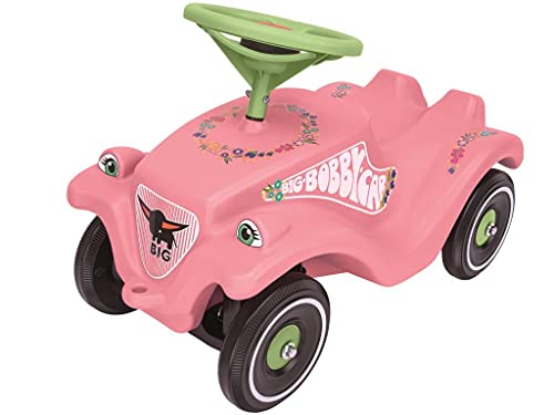 BIG-Bobby-Car Classic Flower - Kinderfahrzeug mit Blumenaufklebern für Jungen und Mädchen, belastbar bis zu 50 kg, Rutschfahrzeug für Kinder ab 1 Jahr, pastell rosa, grün