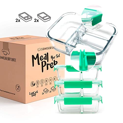 EOK Meal Prep Frischhaltedosen Boxen aus Glas mit dichten getrennten Kammern (4er Set à 1040ml) - Dichte Glasdosen mit Deckel (2er & 3er-Trennung) - BPA-frei & dicht