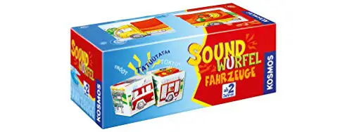 KOSMOS 697372 Soundwürfel Fahrzeuge, Lernspielzeug mit Geräuschen, für Kinder ab 2 Jahre, Spielzeug für Kleinkinder, Geräusche von Feuerwehrauto, Lokomotive, Hubschrauber, Rennwagen, LKW, Schiff