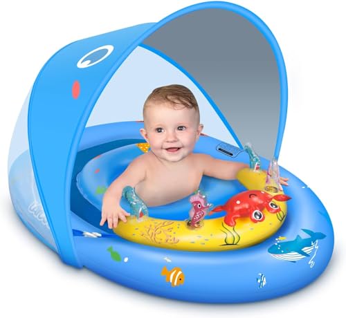 LAYCOL Schwimmring Baby mit UPF50+ Sonnenschutzdach & Spielzeug, Schwimmhilfe Baby für den Pool, Verstellbarer Sicherheitssitz, Kleinkind Pool Schwimmring für 6-36 Monate (Blau)