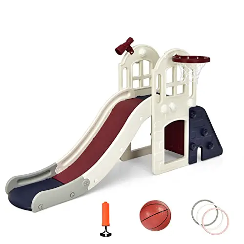 DREAMADE 6 in 1 Kinder Rutsche mit Basketballkorb & Klettern & Ringwurf & Tunnel & Teleskop, Kinderrutsche, Kinder Spielplatz für Jungen & Mädchen 3-8 Jahren (Blau)