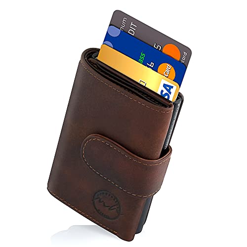 Kreditkartenetui | TÜV geprüfter RFID NFC Schutz | Geldbörse für 10 Karten aus echtem Leder | für Damen und Herren in Einer schönen Geschenkbox | Braun