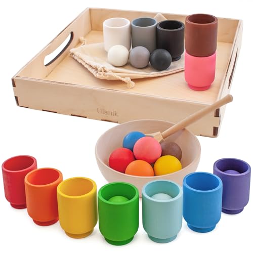 Ulanik Bälle in Tassen Kleinkinder Montessori Spielzeug ab 1 Jahr + Baby Sensorik Bälle Holzspiele zum Zählen und Sortieren Farben Lernen — 12 Holzkugeln Bunt