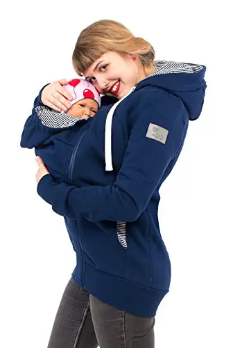 Viva la Mama Schwangerschaftsmode Damenjacke mit Baby Tragejacke für Baby Mamajacke Baumwolle Kapuzenjacke - ELLIOT marine blau gestreift - L