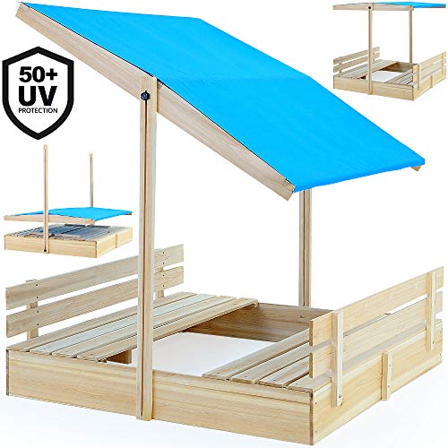 Deuba Sandkasten mit Dach + Sitzbänke 120x120 cm Holz Natur Sonnenschutz UV 50+ Sandbox Sandkiste Kinder Spielhaus Sandspielzeug