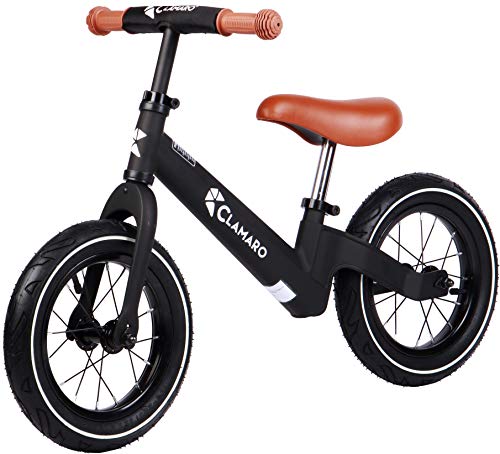 Clamaro 'Roadstar' 12' Kinder Laufrad ab 1 Jahr für Jungen und Mädchen, Balance Lauflernrad mit leichtem 3,6 kg Magnesium Aluminium Rahmen, Luftreifen und mitwachsendem Sitz und Lenker, schwarz/braun