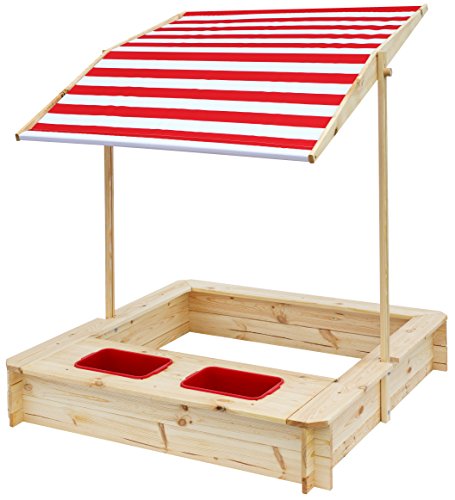 beluga Spielwaren 50380 -Sandkasten mit Wasser-Matsch-Bereich und Rot/weißem Dach, natur / rot