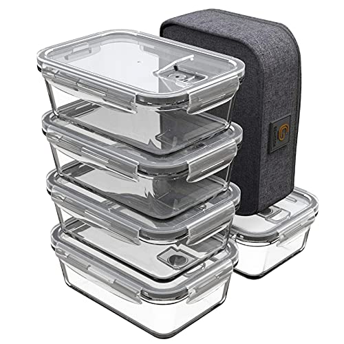 GENICOOK Lunchbox Bento Brotdose mit Lunchtasche/Brotzeitdose Frischhaltedosen Glas perfekt für Meal Prep - BPA frei für Home Küche oder den Gebrauch unterwegs(5 * 840ml)