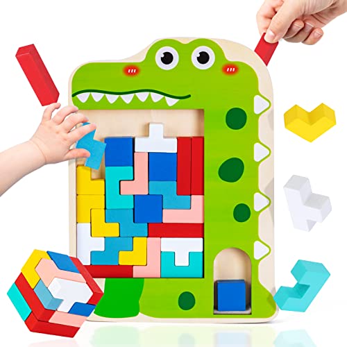Eutionho Montessori Spielzeug 3 4 5 6 Jahre | Holzpuzzle Tetris Holzspielzeug | Holz Tangram | 3-in-1 Holzklötze Formenpaarung Lernspielzeug | Lernspiele Geschenk für Mädchen Junge ab 3 4 5 6 Jahr