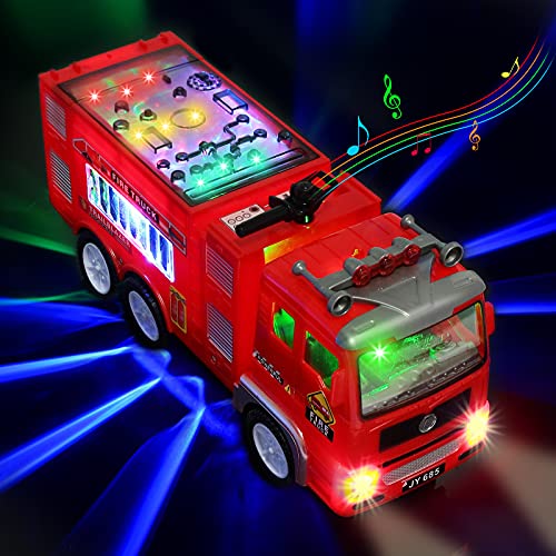 Xruison Feuerwehrauto Spielzeug Auto mit Sound und Licht, 4D LED Licht Feuerwehr Spielzeug, Groß Elektrisch Feuerwehrauto, Erzieherisch Beleuchtete Spielzeugauto Geschenk für Kinder Jungs Mädchen