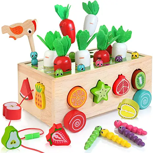Karottenernte Montessori Holzspielzeug für Kinder, Motorikspielzeug ab 12 Monaten, 7-in-1 Holzpuzzle Sortier- & Stapelspielzeug, Lernspielzeug Weihnachten Geschenk für Jungen und Mädchen ab 2 3 4 Jahr
