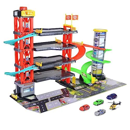 Dickie Toys - 4-stöckiges Parkhaus für Kinder ab 3 Jahre (87x52 cm) mit Zubehör - große Spielzeug-Parkgarage auf 5 Ebenen mit Aufzug, Rennbahn, Spielzeugautos, Hubschrauber, Licht & Sound