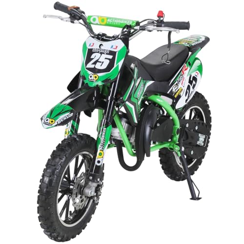 Actionbikes Motors Kinder Crossbike Gepard 2-Takt 49ccm | Bis 35 Km/h - 2 Liter Tank - Tuning Kupplung - Easy Pull Start - Scheibenbremsen - Motorrad - Motocross - Dirtbike - Enduro (Grün)