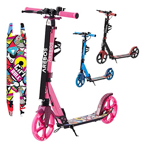 Arebos Cityroller Tretroller mit LED Pink | höhenverstellbar | klappbar | inkl. Tragegurt | Hand- & Trittbremse | für Kinder und Erwachsene | bis 100kg belastbar Roller | Kickroller | Kickscooter