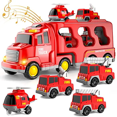 Feuerwehrauto Spielzeug für 1 2 3 4 5 6 Jahre alt Jungen Kleinkinder, 5 in 1 Kinder Träger Feuerwehrautos Autos für Kleinkind Junge Spielzeug Geburtstag, Auto Trucks Reibung Power Toys mit Licht Sound