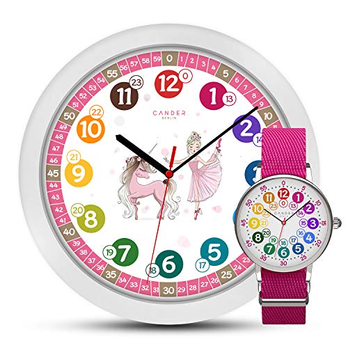 Cander Berlin MNU 1730 Kinderwanduhr Einhorn Wanduhr und MNA 1030 M Armbanduhr Prinzessin Kinder Armbanduhr Kinderuhr Lernuhr Mädchen