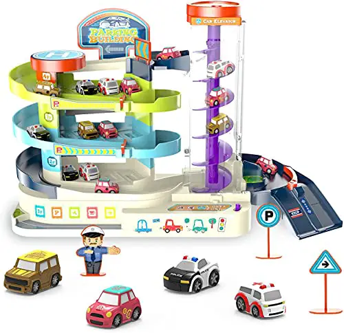 Parkgarage für Kinder, techextra Parkhaus kinderspielzeug ab 3. Jahre, Autogarage Spielzeug Set mit 4 Auto und Musik, Spielzeugauto als Geschenk für Jungen und Mädchen