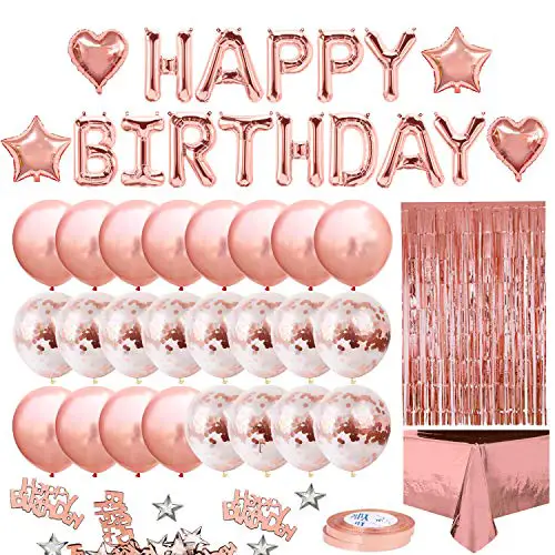 iZoeL Geburtstagsdeko Rosegold Happy Birthday Girlande 24 Konfetti Ballons Tischdecke Glitzer Vorhang Konfetti Herz Stern Folienballon