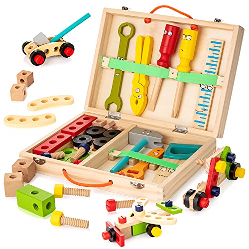 KIDWILL Holzwerkzeug, werkzeugkoffer Werkzeugkasten, Kinder Geschenke, mit bunten Holzteile, Kreatives DIY Lernspielzeug Spielzeug ab 3 Jahre, Kinderspielzeug ab 2 Jahre, 3 4 5 6 7 8 Jahre
