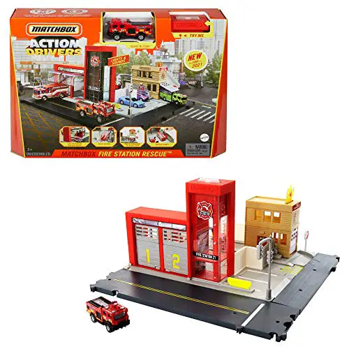Matchbox HBD76 - Feuerwache Spielset, mit 1 Feuerwehrauto im Maßstab 1:64, Licht- und Soundeffekten und beweglichen Teilen, für Kinder ab 3 Jahren
