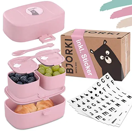 BJORKI® Bento Box für Kinder inkl. GRATIS Namensticker - Auslaufsichere Lunchbox mit Fächern - Nachhaltige Brotdose Kinder für Kindergarten & Schule - Die Jausenbox für unterwegs.