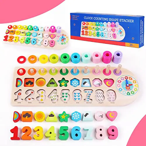 ANPEAC Holzpuzzles, Montessori Holz-Puzzle-Spielzeug,Lernspiel Mathematik für Kinder Baby 3 4 5 6 Jahre, Zahlen Formen Farben Zeit Uhr erkennen,Geschenk für Jungen Mädchen