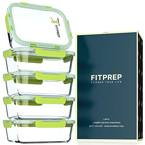 FITPREP® Frischhaltedosen aus Glas 10 teiliges Set [5 Meal Prep Boxen + 5 Deckel ] Premium Vorratsdosen mit Lifetime Lasting Deckel - 880 ml - perfekte Größe für Meal Prep