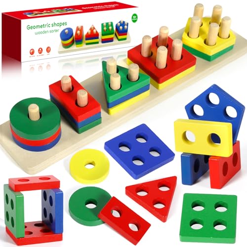 ZHHGOO Montessori Spielzeug ab 1 2 3 Jahre,Holz Sortier-& Stapelspielzeug mit 21 Stück geometrische Blöcke,Formklassifizierung Stapelspielzeug Lernspielzeug für Mädchen Junge Kinder Alter 1 2 3