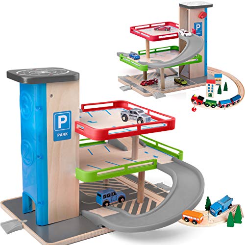 Parkhaus / Garage mit 3 Ebenen - aus Holz - incl. Fahrzeuge / Auto & Lift - passend mit Schienensystem & Eisenbahn - Holzeisenbahn - paßt zu Allen gängigen Sc..