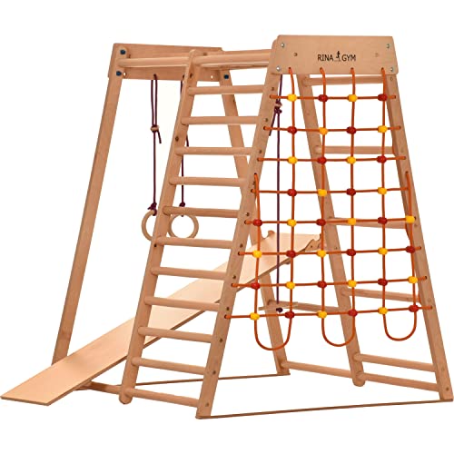 Kletterdreieck Indoor-Spielplatz aus Holz für Kinder - Kletternetz, schwedische Leiter, Ringe, Rutsche - Ideal für 1 bis 5 Jahre - Trägt, 145х120