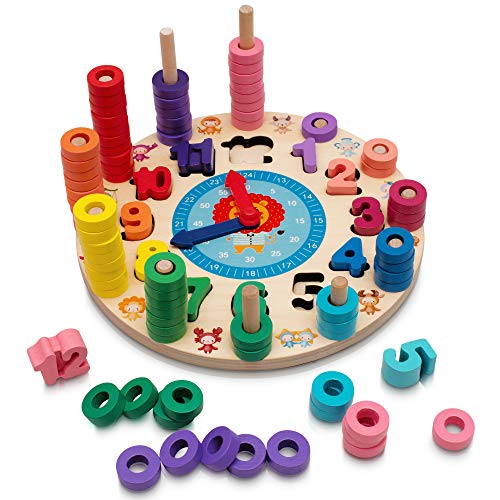 Hi!Leon® 2-in-1 Montessori Spielzeug ab 3 Jahre zum fantasieanregenden Spielen und Zahlen Lernen, Waldorf Spielzeug, Lernuhr Kinder, Holzspielzeug ab 3 Jahre, Zählen Lernen ab 3