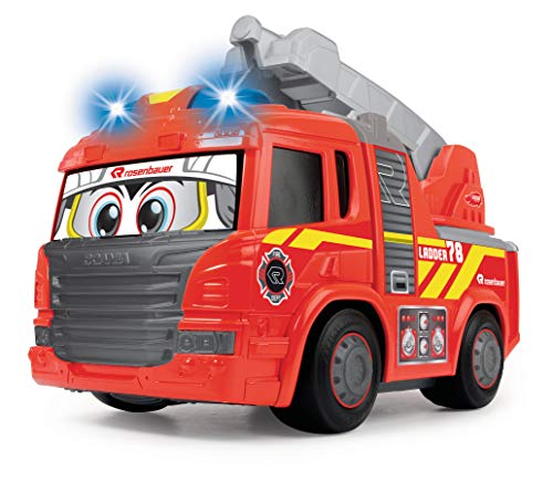 Dickie Toys 203814016 Happy Fire Engine, Scania, Feuerwehrauto mit Licht & Sound, motorisiert, fährt vorwärts und rückwärts, drehende Leiter, inkl. Batterien, für Kinder ab 2 Jahren, 25 cm, Rot