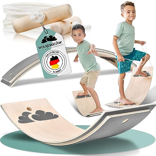 WOLKENGLÜCK® Balance Board Kinder [80x30cm] - Hochwertiges Balancierbrett mit Fingerschutz - Balanceboard für Kinder inkl. Seil + Anti-Rutsch + Filz - Wobbel Board aus hochwertigem Buchenholz