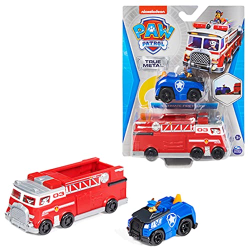 PAW PATROL True Metal Team Fahrzeuge 2er Set mit Feuerwehrwagen und Chase im Polizeiauto, Maßstab 1:55, Spielzeug für Kinder ab 3 Jahren