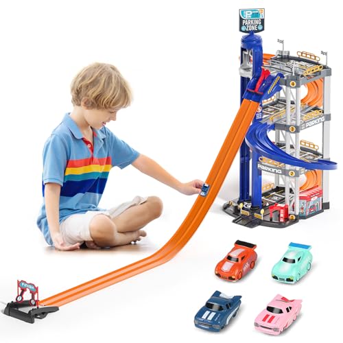 Yilingchild Parkhaus Spielzeug für Kinder, 4-Ebenen-Garage Spielzeug-Set mit 4 Autos, Rennwagen Rampe Spur Fahrzeug Garage Spielzeug Geschenk für 4-8 Jahre alt Jungen & Kinder