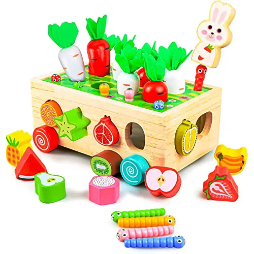 Kizmyee Montessori Spielzeug ab 1 2 3 Jahre,7-in-1 Karottenernte Holzspielzeug, Motorikspielzeug, Steckwürfel-Sortierspiel, Stapelspielzeug als Lernspielzeug Geschenk für Mädchen und Jungen ab 1 Jahr