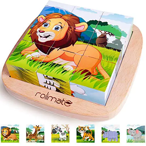 Rolimate Bilderwürfel Holz, Holzpuzzle 3D Würfelpuzzle Puzzlespiele 6 in 1 Tier-Motive mit 9 Würfel Holzspielzeug für Kinder ab 2 3 4 Jahren, Montessori Vorschule Lernspielzeug, 16 x 16cm, bunt