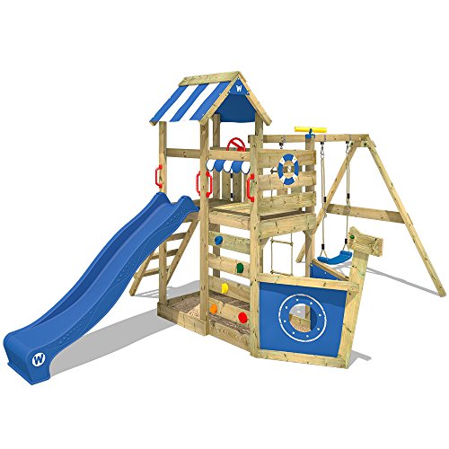 WICKEY Spielturm Klettergerüst SeaFlyer mit Schaukel & Blauer Rutsche, Outdoor Kinder Kletterturm mit Sandkasten, Leiter & Spiel-Zubehör für den Garten