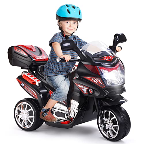 GOPLUS 6V Elektro Kindermotorrad mit 3 Rädern, Elektromotorrad inkl. Licht & Pedal & Aufbewahrungskiste & Musik, Elektro-Dreirad für Kinder von 3 bis 7 Jahre alt, bis zu 25 kg (Schwarz)