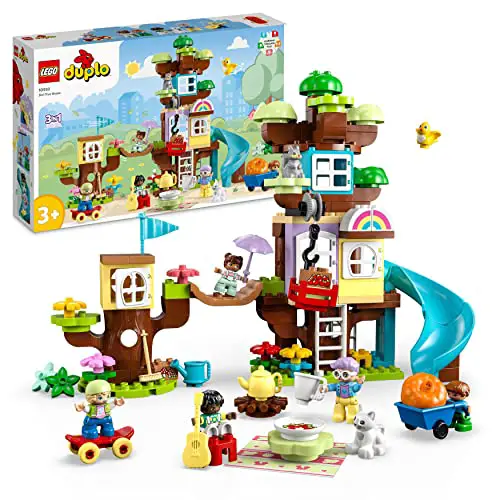 LEGO 10993 DUPLO 3-in-1 Baumhaus Spielzeug für Kleinkinder ab 3 Jahren, Mädchen und Jungen mit 4 Figuren, Tieren, Konstruktionsspielzeug mit Bausteinen und Einer Rutsche, Lernspielzeug