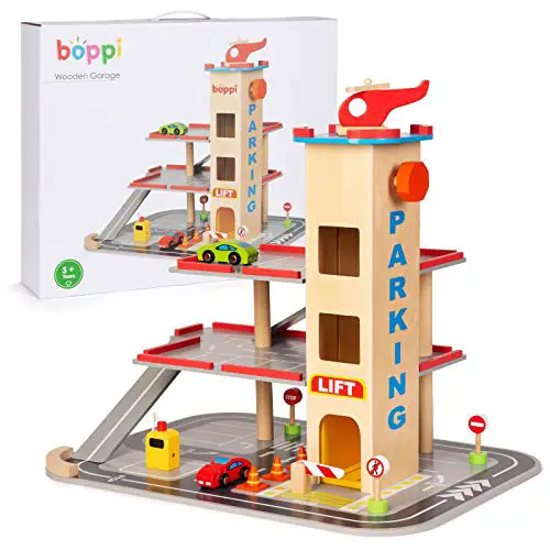 boppi – Spielzeug Auto Parkgarage. Parkhaus für Kinder inkl. 2 Autos und Hubschrauber, Verkehrszeichen, Tanksäule und 3-stöckigem Lift aus Holz.