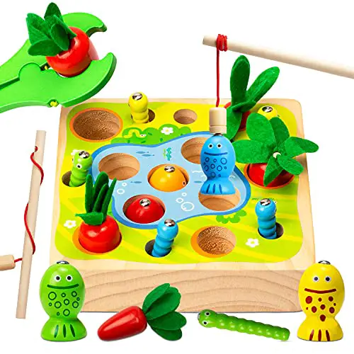 Katomi 3 in 1 Magnetische Angelspiel Holzspielzeug,Montessori Spielzeug Kinder ab 1 2 3 4 Jahre,Karottenernte Lernspielzeug Geschenk für Adventskalender Jungen und Mädchen