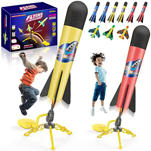 Spielzeug Raketenwerfer für Kinder, Sprungraketenspielzeug mit 2 Raketenwerfern, 3 Flugzeugen und 6 Schaumraketen, Outdoor Stomp Spielzeug für Jungen Mädchen 3 4 5 6 7 8 9 10+ Jahren