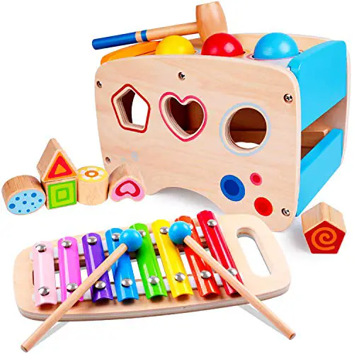 Rolimate Xylophon und Hammerspiel Spielzeug ab 1 Jahr, 3 in 1 Montessori Pädagogisches Vorschullernen Musikspielzeug Holzspielzeug Nachziehspielzeug Geburtstagsgeschenk fur Kinder Baby 1 2 3 Jahre
