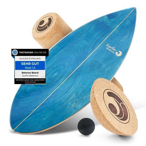 Surfin Balance Board - einzigartiges Board inkl. Rolle, Halbkugel und Balance Ball - Surf- Gleichgewichtstraining - Kinder - Balance Board Holz