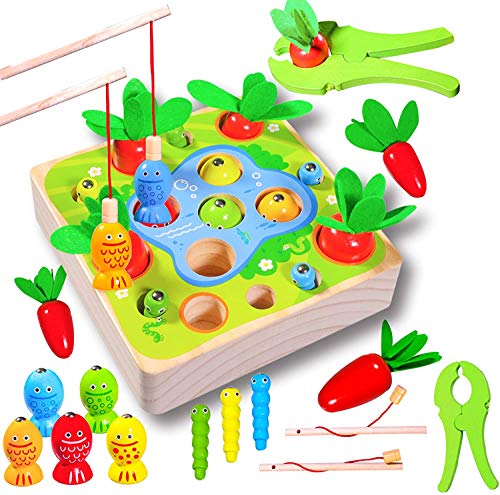 Felly Holzspielzeug ab 1Jahr Baby Motorik Spielzeug Montessori Sortierspiel Holzpuzzle Karottenernte Angelspiel Lernspielzeug für Kinder als Geburtztag Geschenk ab 1 2 3 4 Jahr Jungen und Mädchen
