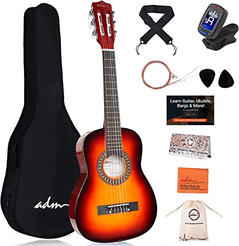 ADM 1/4 Kindergitarre Junior-Konzertgitarre für Anfänger mit Clip-Stimmgerät, Tasche, Gurt, Zusätzlichen Saiten und Plektren, Sunburst