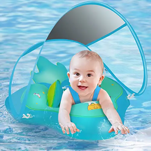 Schwimmring Baby Schwimmreifen Baby mit Abnehmbarem Sonnenverdeck, Baby Float Aufblasbare Tragbarer und Stabiler, Schwimmhilfe Baby mit Verstellbaren Trägern Baby Schwimmring ab 3-36 Monate
